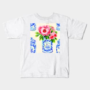 Pink daisies in blue and white chinoiserie jars Kids T-Shirt